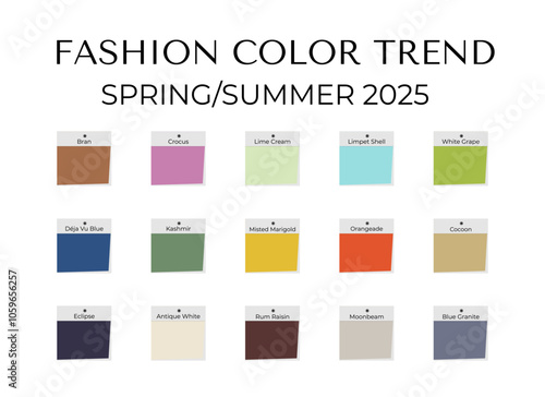 Fashion Color Trend Spring - Summer 2025. Trendy colors palette guide. Fabric swatches with color names. Vector template for your creative designs.