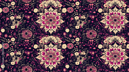 Colorful seamless pattern featuring folk kaleidoscope designs and vintage violet prints perfect for bohemian fabric applications