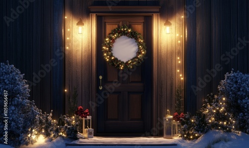 Wallpaper Mural Mockup of a blank holiday sign on a wooden door, with twinkling lights, a festive wreath, and snow-covered ground creating a welcoming Christmas scene Torontodigital.ca