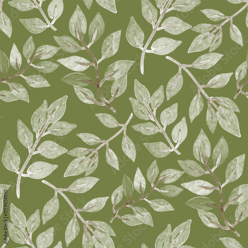 Green leaves, green background. Seamless floral pattern-478.