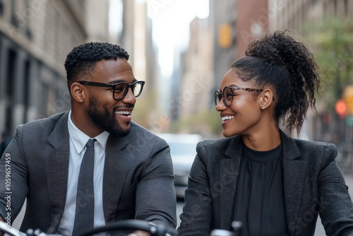 A joyful couple rides bicycles through an urban street, both in suits, illustrating balance between work and leisure, unity, and modern city life dynamics and vitality. photo