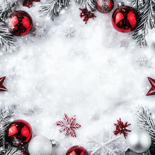 Bannière de Noël avec boules rouges et blanches, étoiles et neige scintillante.. photo