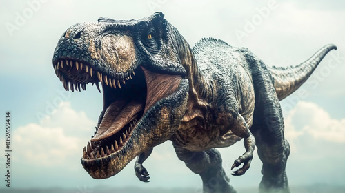 tyrannosaurus rex dinosaur with open mouth, prehistoric world, dinosaur evolution, ancients creatures and jurassic world