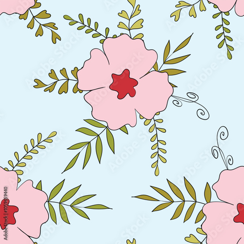 Seamless floral pattern based on traditional folk art ornaments. Colorful flowers on color background. Scandinavian style. Sweden nordic style. Vector illustration. Simple minimalistic pattern