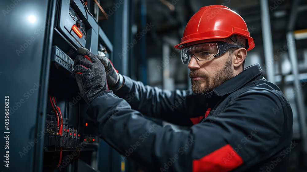 Technician in red safety helmet working with electrical control panel, wearing gloves and protective goggles in an industrial setting. Technician in red safety helmet working with electrical control panel, wearing gloves and protective goggles in an industrial setting.