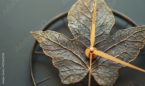 A clock with hands intricately designed like leaves, detailed with natural veins and textures photo