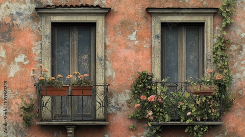 Charming italian window view with horizontal background of historic building wall in italy photo