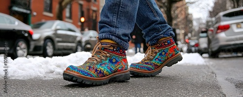 Colorful Patterned Socks and Feet in Urban Setting photo