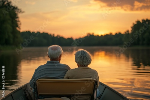 Elderly couple cherishing a serene boat ride together during a breathtaking sunset photo