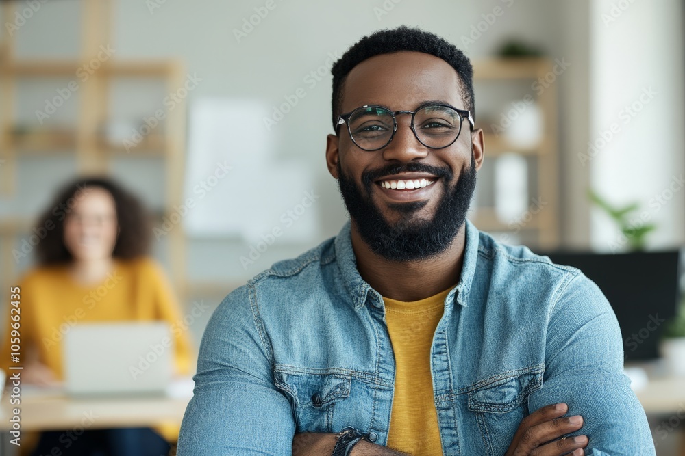 Naklejka premium A cheerful man in a denim shirt and glasses exudes positivity, seated in an office environment with a warm smile, representing confidence and approachability.