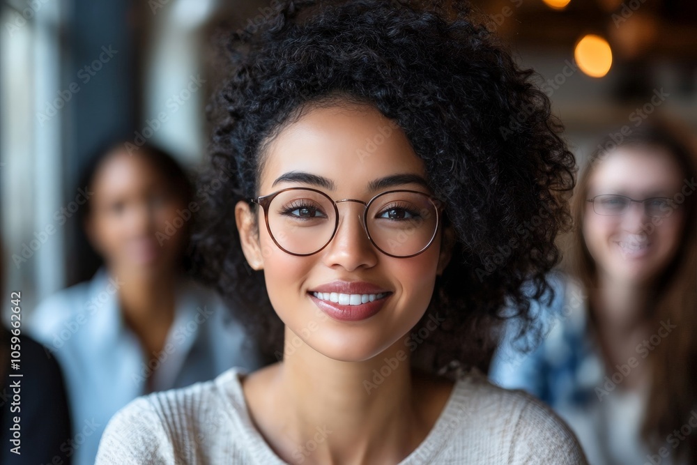 Obraz premium A woman with curly hair and glasses smiles warmly, exuding confidence and friendliness. Two blurred figures are seen in the background, adding depth to the composition.