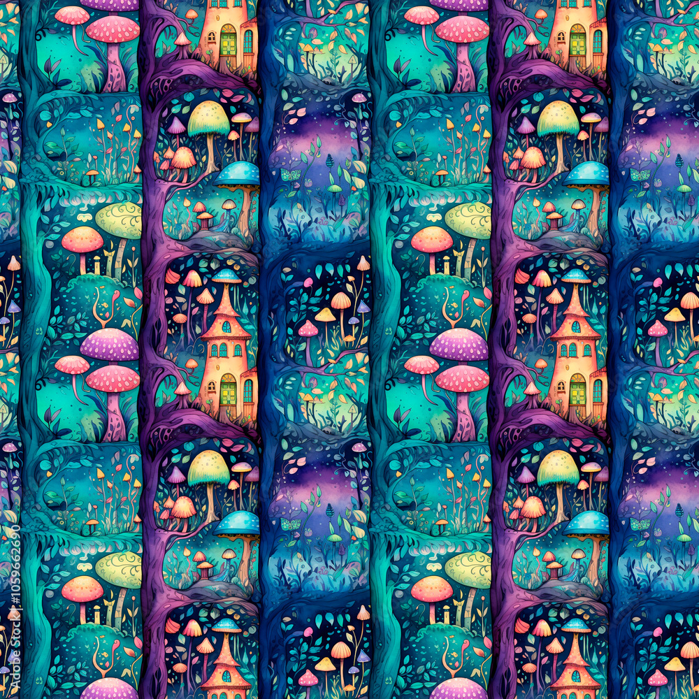 Fototapeta premium Enchanted forest scenes, watercolor, fantasy, whimsical mood, detailed trees and mystical creatures. Background, seamless pattern