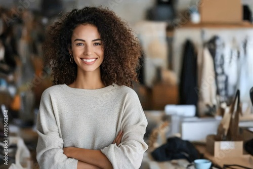 A confident woman with curly hair stands with arms crossed in a creative workspace. Various objects are visible, enhancing the atmosphere of creativity and industriousness. photo