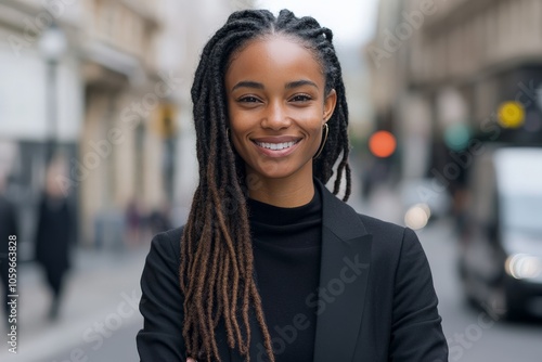 A poised and confident woman dressed in black stands in front of a blurred cityscape background, illustrating metropolitan elegance and modern lifestyle. photo