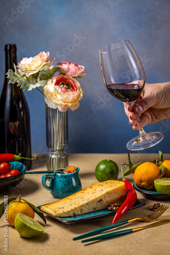 Woman holding glass of red wine over table with cheese, fruits, and vegetables