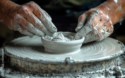 Close-up of hands crafting pottery on a spinning potter's wheel photo