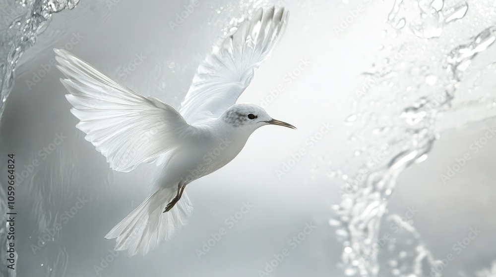 Fototapeta premium Elegant White Bird in Mid-Flight Above Water Surface