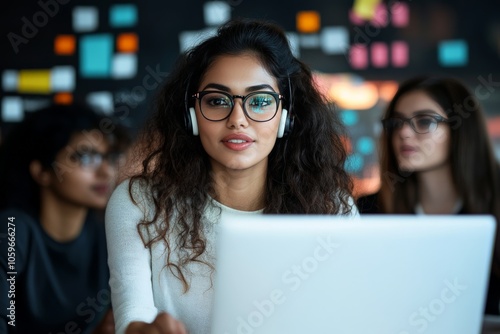 A young woman with curly hair, wearing glasses and a headphone, is engaged with her laptop, surrounded by a team, indicating collaboration and modern work culture. photo