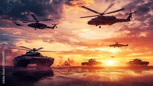 Military helicopters, armed forces, and tanks in intense combat operations during a stunning sunset photo