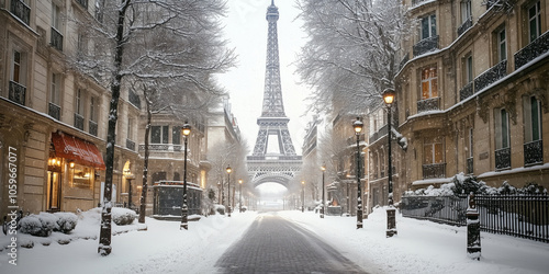 Fototapeta Naklejka Na Ścianę i Meble -  Scenic view of Paris on a winter day with heavy snow.
