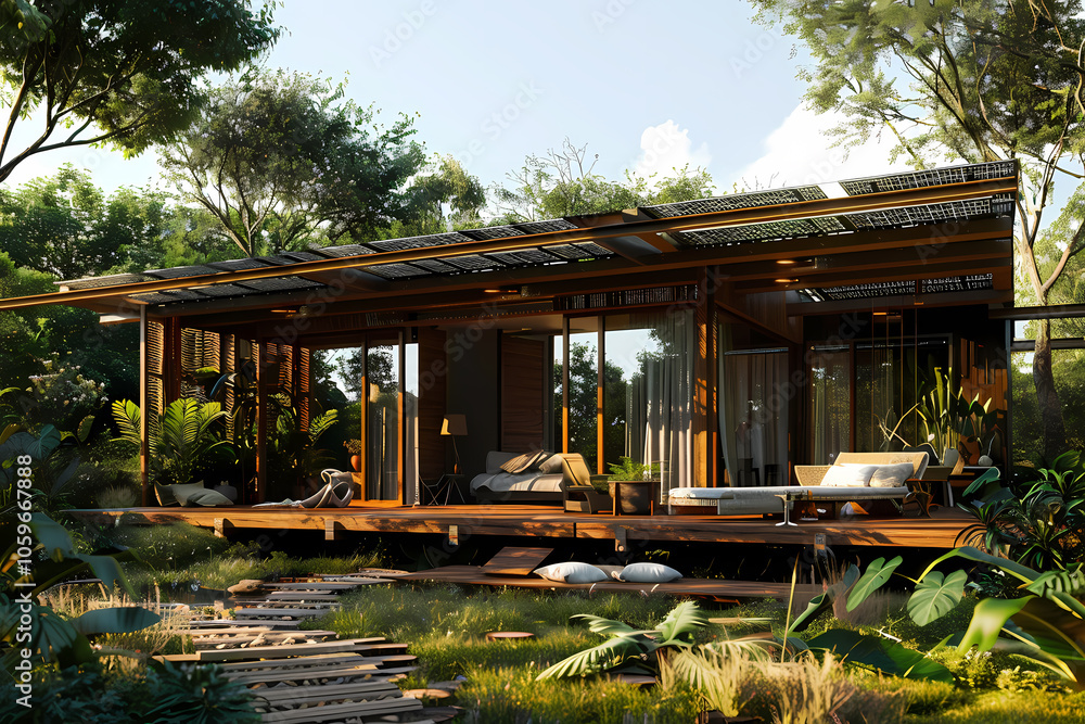 Obraz premium A modern eco-friendly wooden house surrounded by lush greenery, featuring large glass windows and a solar-panel roof.