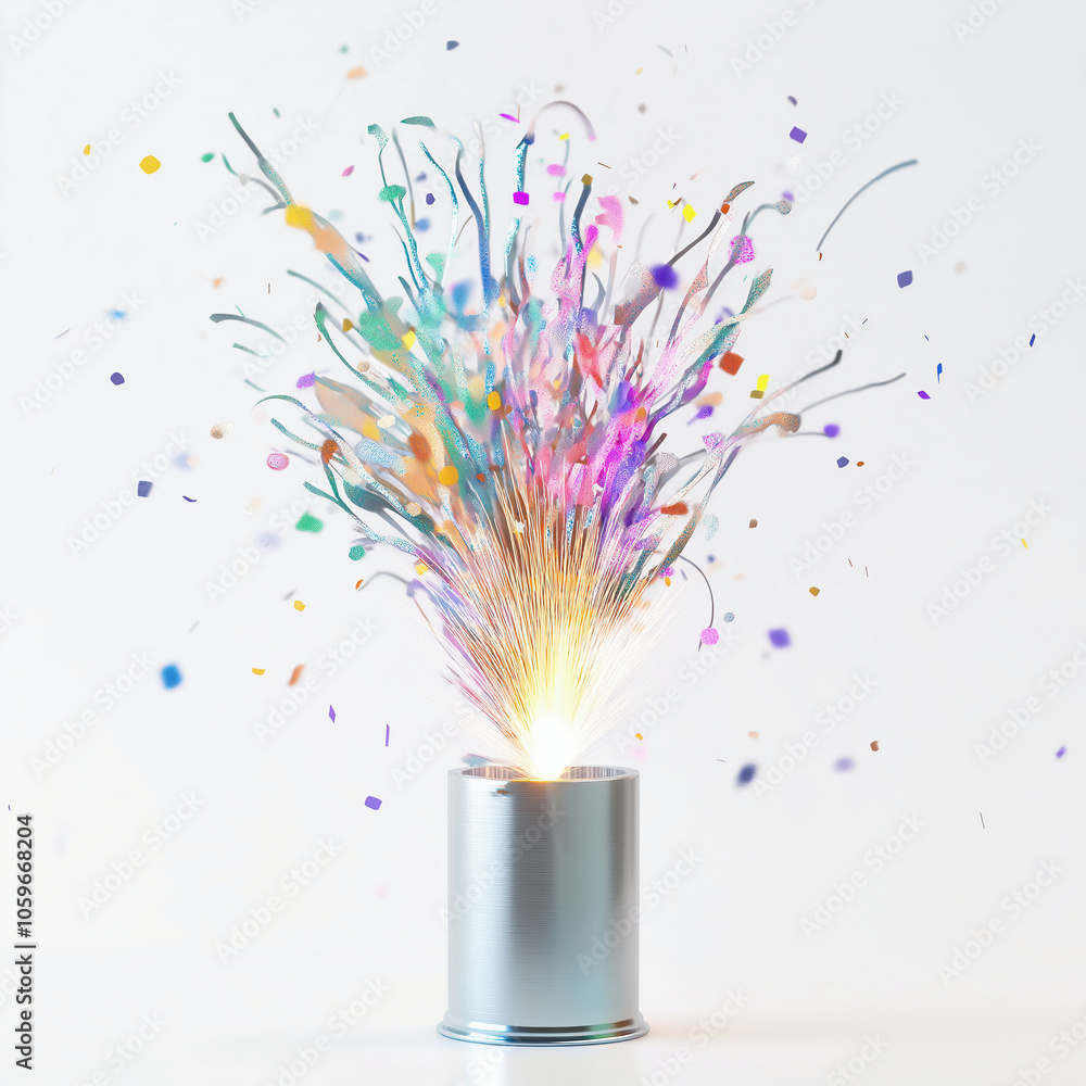 Obraz premium Vibrant explosion of colorful confetti from a silver cylinder