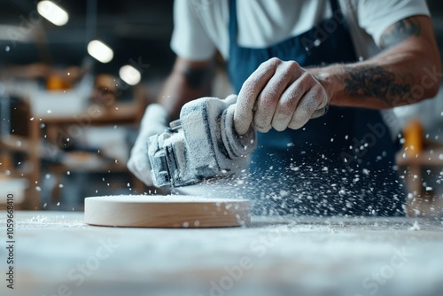 An artisan skillfully works on a circular wooden piece, producing a flurry of sawdust, showcasing craftsmanship and dedication in an energetic workshop environment. photo