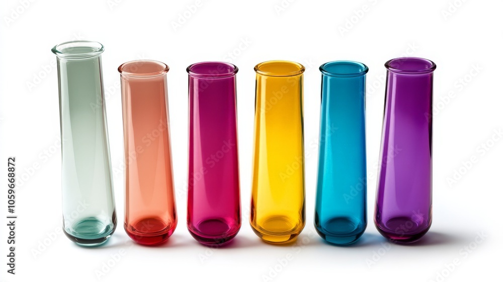Six glass test tubes of different colors are lined up against a white background, displaying a range of vibrant shades from clear to deep purple Six glass test tubes of different colors are lined up against a white background, displaying a range of vibrant shades from clear to deep purple