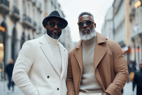 Two men exemplify fashion-forward sophistication and style with trendy coats and sunglasses, posing with confidence in a bustling city street environment. photo