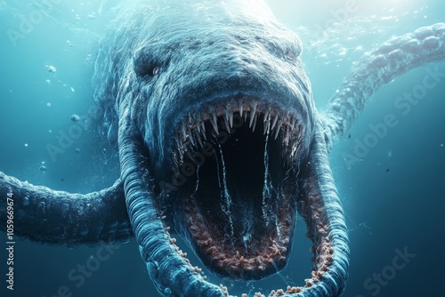 A terrifying giant sea creature with massive teeth and tentacles lurking underwater, representing fear and the unknown depths of the ocean. photo