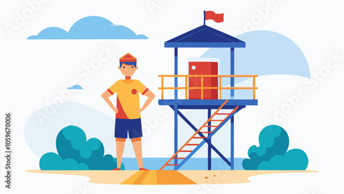 A lifeguard stands confidently at a beachfront watchtower under a clear sky, ready to ensure safety for beachgoers during the summer afternoon