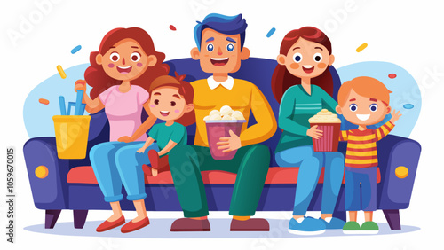 Family enjoying movie night together on a cozy couch with snacks and drinks in a bright living room setting