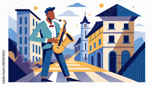 A saxophonist plays soulful melodies on a sunlit street in a charming town, blending music with urban life