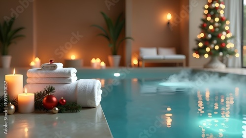 cozy spa setting decorated for the holidays Christmas pool