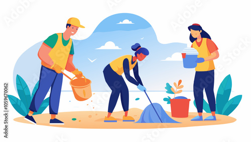 Community members participate in a beach cleanup effort under a sunny sky, promoting environmental awareness and teamwork
