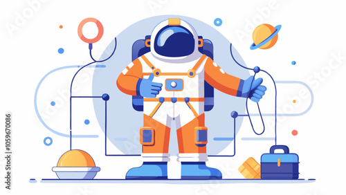 An astronaut in an orange spacesuit interacts with scientific tools and a planet illustration in a creative, digital design