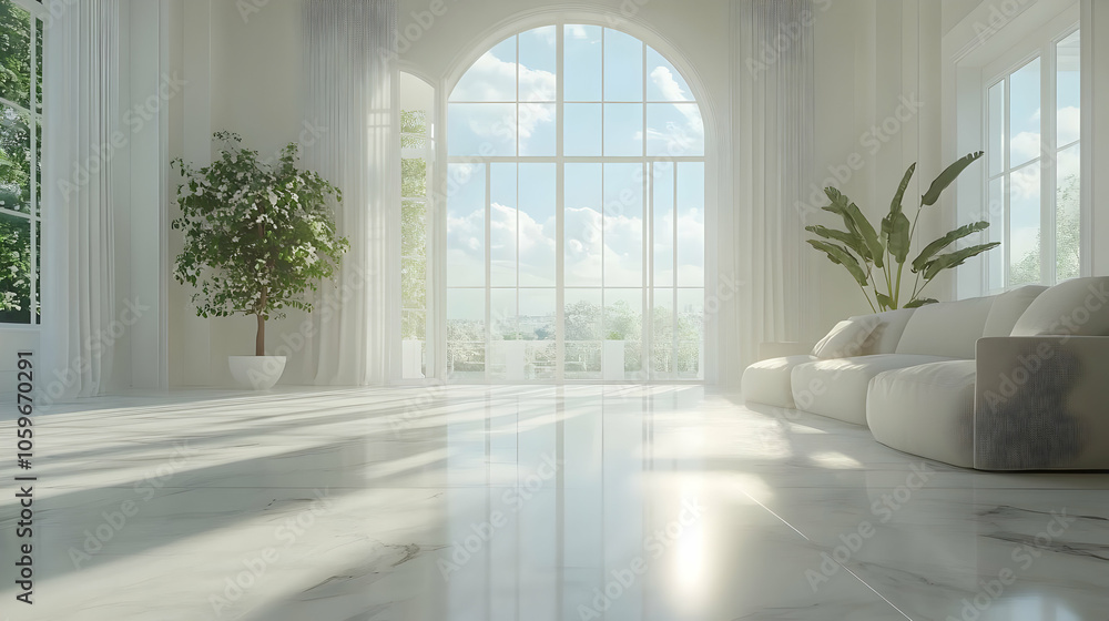 Fototapeta premium White Minimalist Living Room Interior Design with Large Windows and Marble Floor