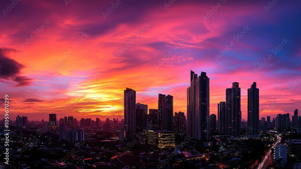 Fototapeta premium Vibrant City Skyline at Sunset with Dramatic Colors