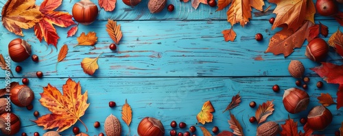 Colorful autumn leaves and nuts scattered over a bright blue wooden background. Perfect for seasonal designs. Free copy space for text. photo