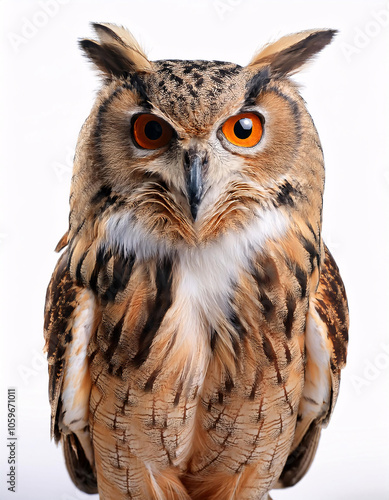 A majestic owl with piercing yellow eyes and detailed feathers photo