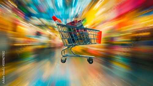 A dynamic shopping cart speeds through a colorful background representing the excitement of online shopping photo