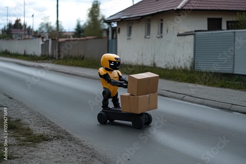 A Delivery Robot Transports Packages Along a Quiet Suburban Road on a Sunny Day