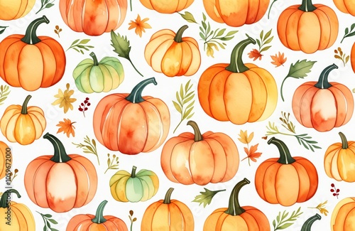 Watercolor pumpkin pattern with autumn leaves and greenery