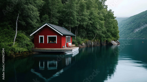 Scenic view of a red wooden cabin on a calm lake surrounded by lush green forest and hills reflecting on the water surface.