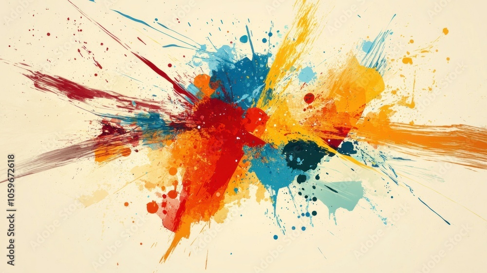 Fototapeta premium Abstract colorful paint splatters on a beige background.