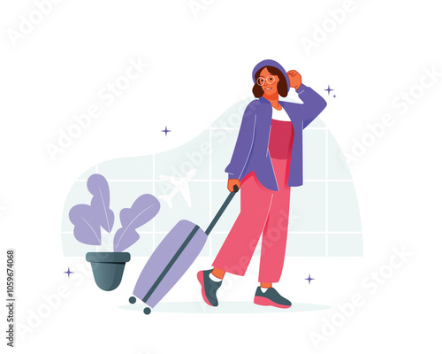 Vector woman ready to travel bringi suitcase at airport