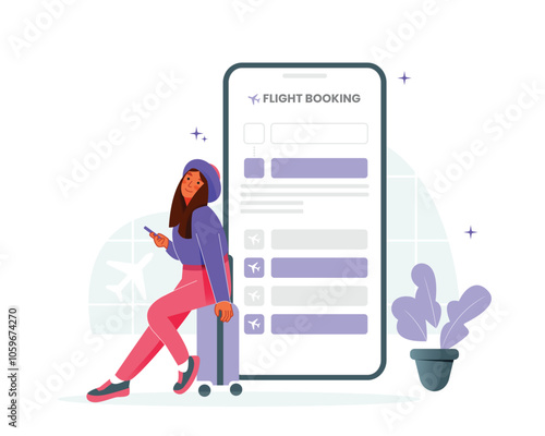 Vector woman ready to travel using phone to book flight tickets while sitting on suitcase at airport
