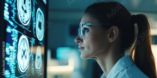 Doctor looking neurological brain scans on large screen.