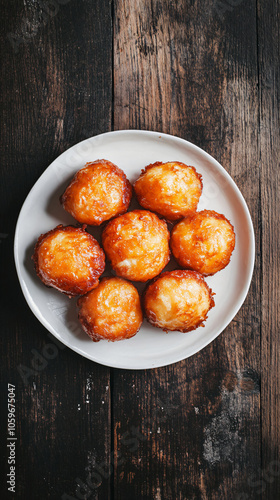 Wallpaper Mural Freshly cooked donut balls with a golden hue, served on a white plate, resting on a dark wooden table, evoking a cozy and welcoming ambiance Torontodigital.ca