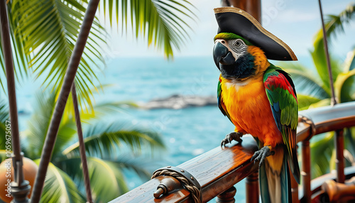 Pirate Parrot Perched on a Ship's Railing in a Tropical Setting highlighted by white, png photo